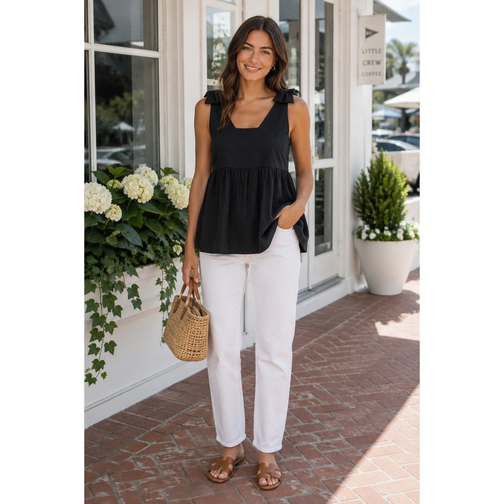 Tuckernuck Pomander Place Black Babydoll Top Bow Strap Sleeveless XS